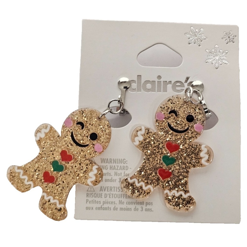 Claire's Holiday Christmas gingerbread man dangle Earrings CLIP ON glittery